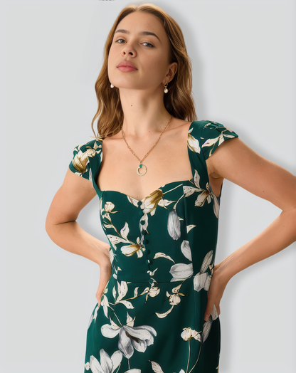 The Green Sweetheart Neck Cap Sleeve Floral Midi Dress