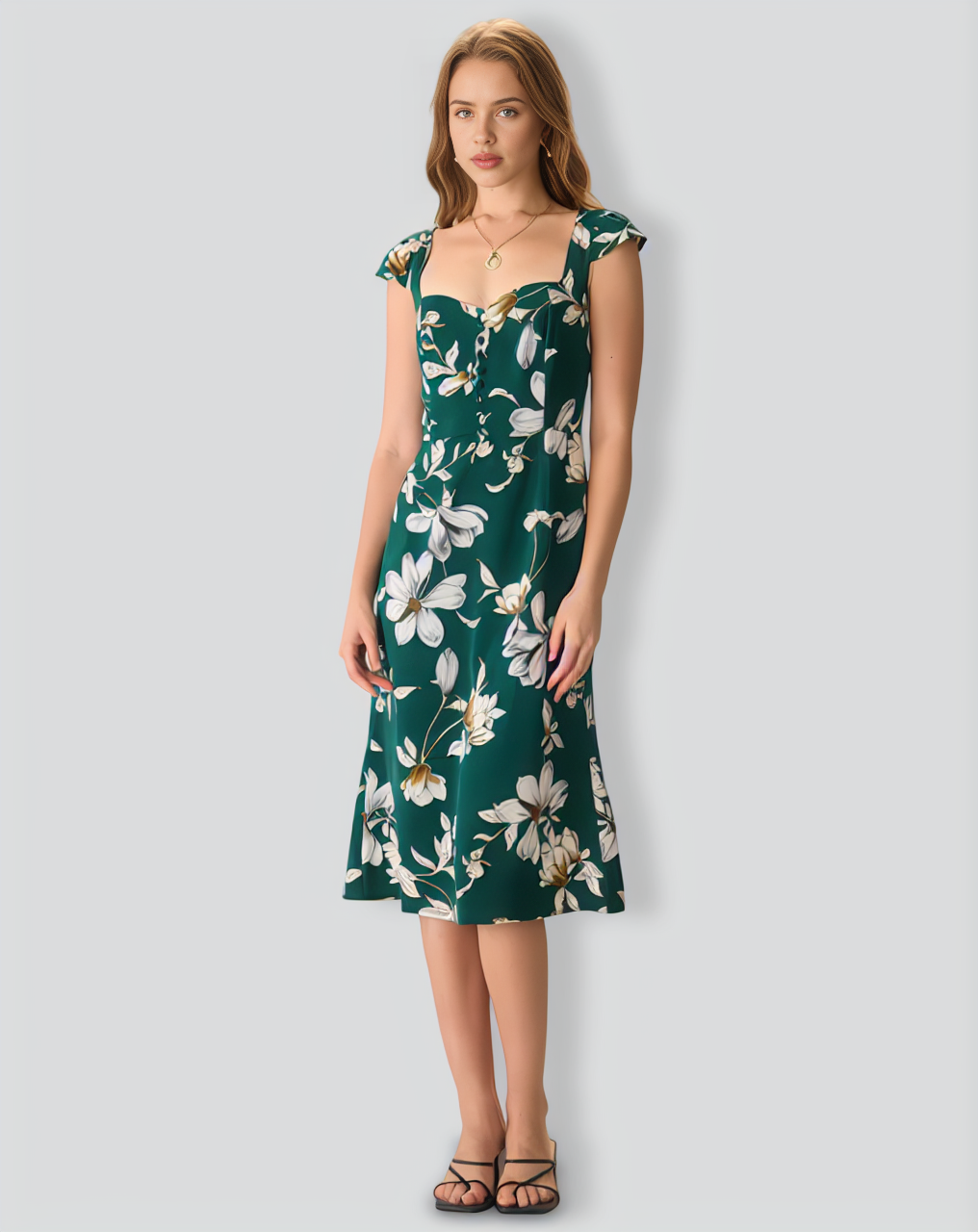 The Green Sweetheart Neck Cap Sleeve Floral Midi Dress