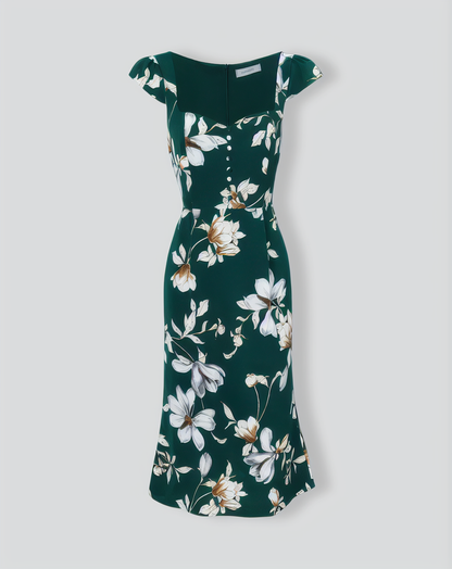 The Green Sweetheart Neck Cap Sleeve Floral Midi Dress