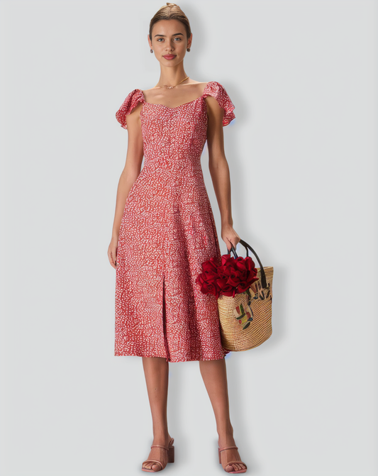 The Red V-Neck Front Slit Floral Midi Dress