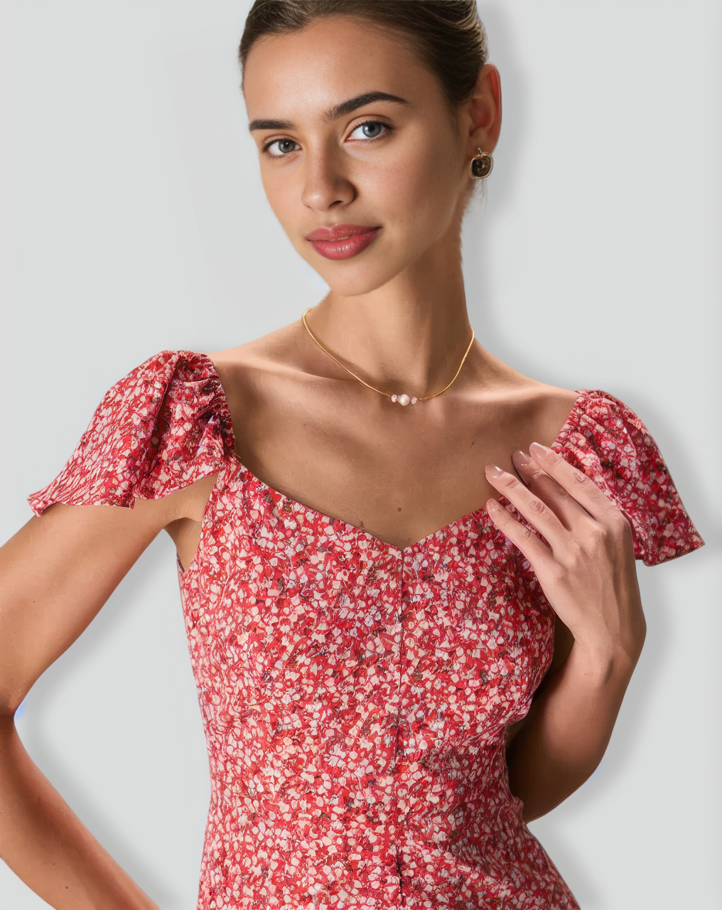 The Red V-Neck Front Slit Floral Midi Dress