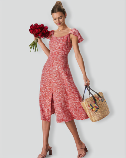 The Red V-Neck Front Slit Floral Midi Dress