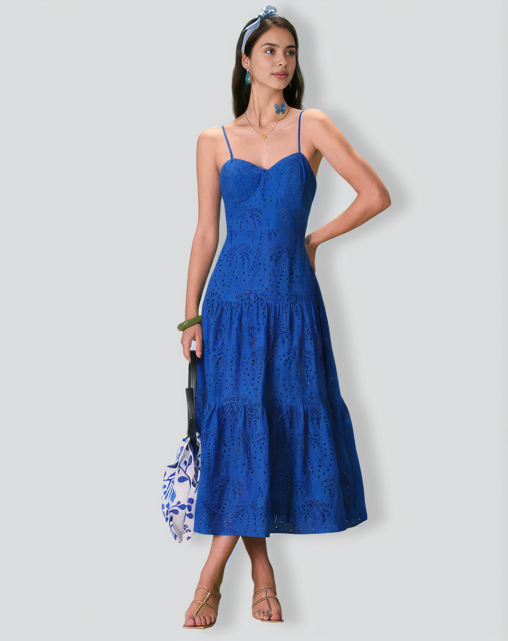 The Blue Sweetheart Neck Embroidery Slip Midi Dress