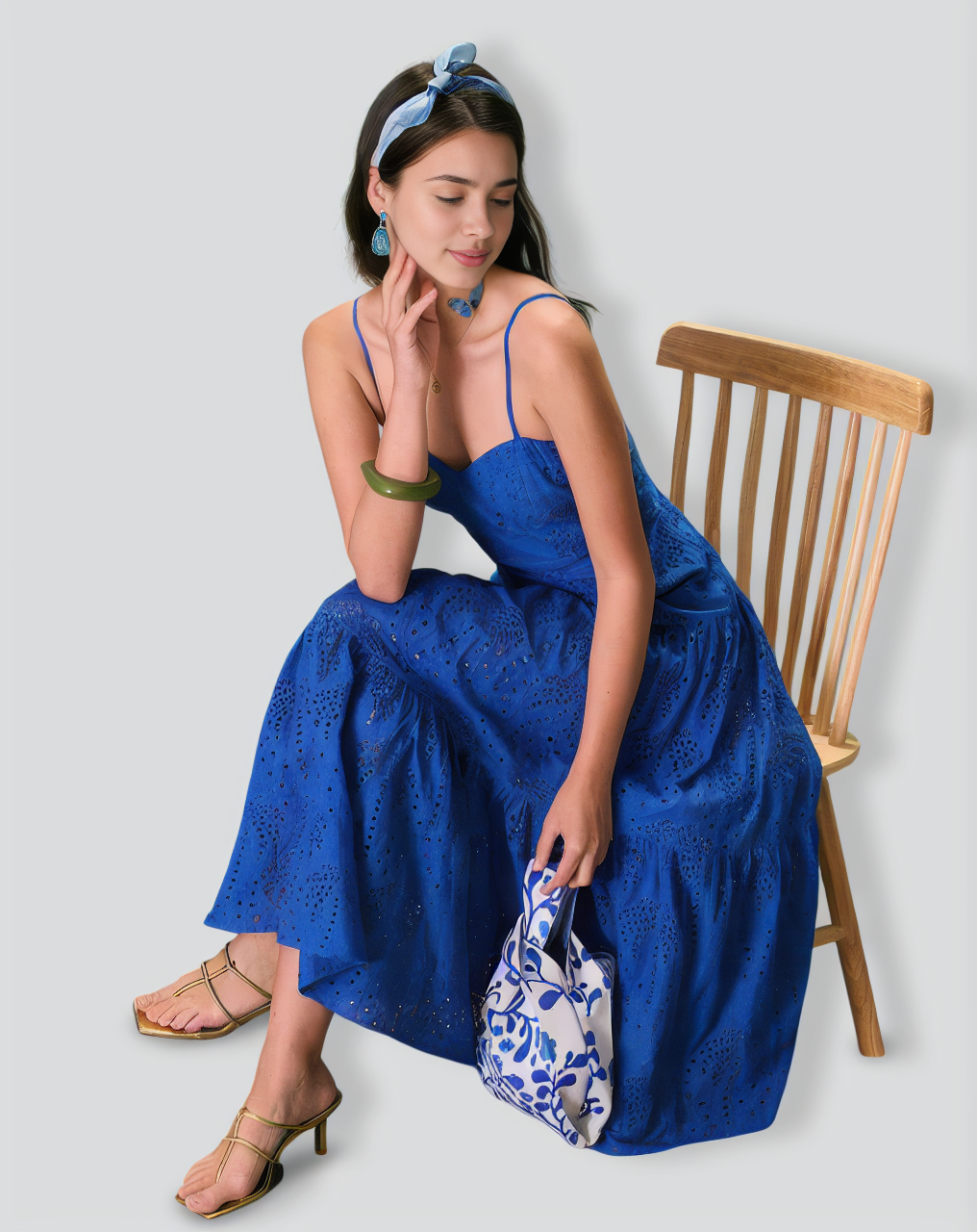 The Blue Sweetheart Neck Embroidery Slip Midi Dress