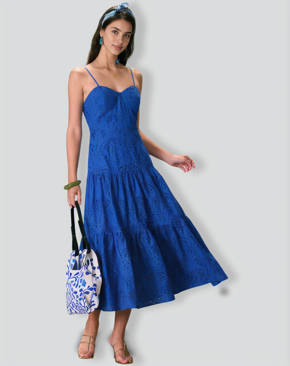 The Blue Sweetheart Neck Embroidery Slip Midi Dress
