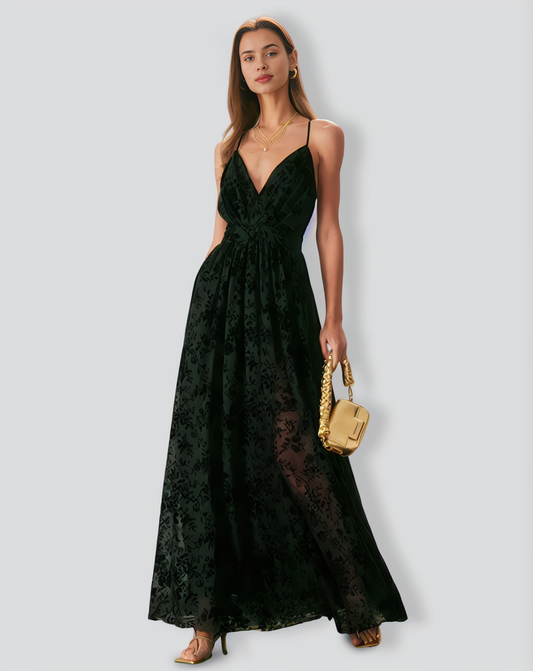 The Black Floral Flocked Mesh Slit Maxi Dress