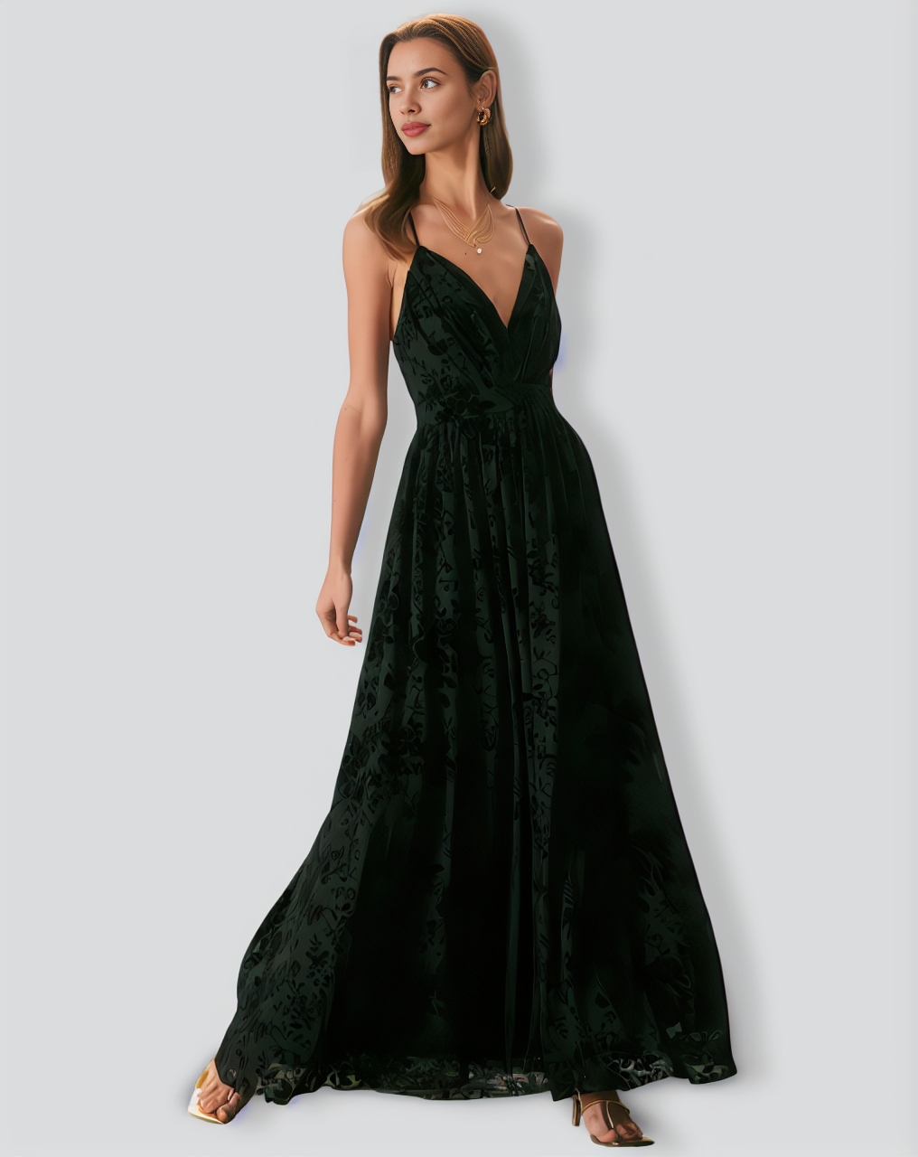 The Black Floral Flocked Mesh Slit Maxi Dress