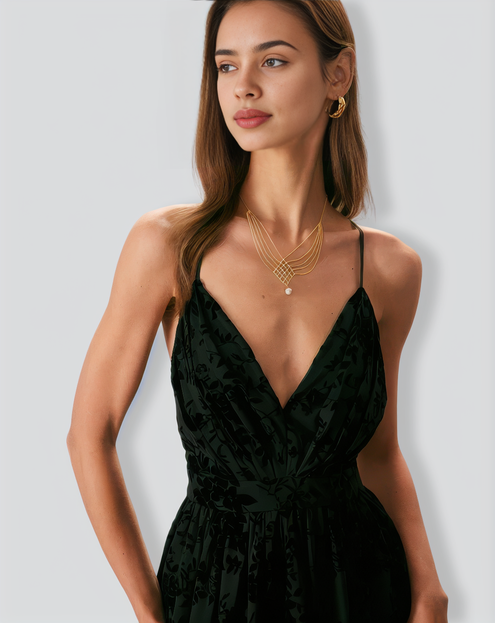 The Black Floral Flocked Mesh Slit Maxi Dress