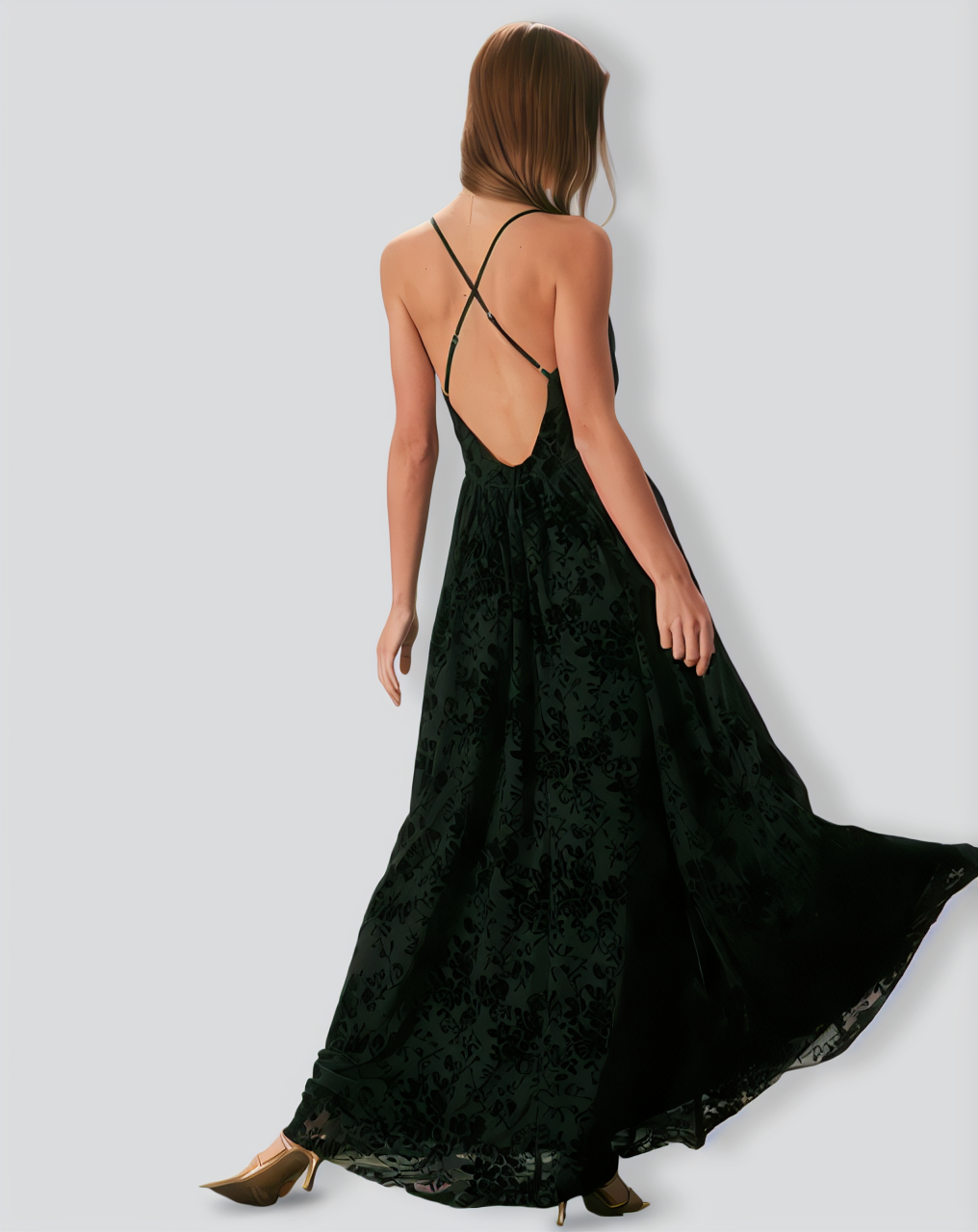 The Black Floral Flocked Mesh Slit Maxi Dress