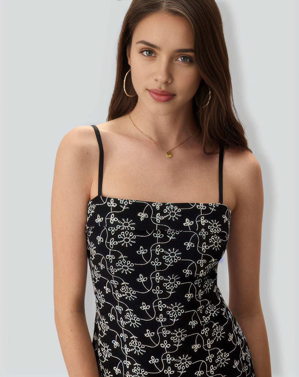 The Black Floral Embroidery Cotton Slip Mini Dress
