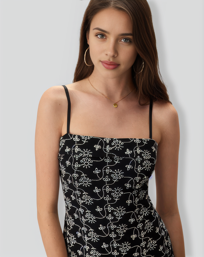 The Black Floral Embroidery Cotton Slip Mini Dress