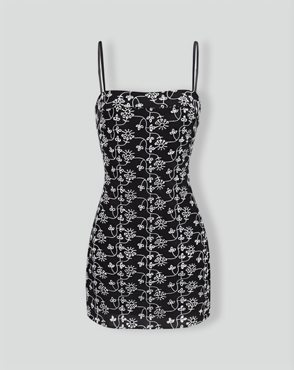 The Black Floral Embroidery Cotton Slip Mini Dress