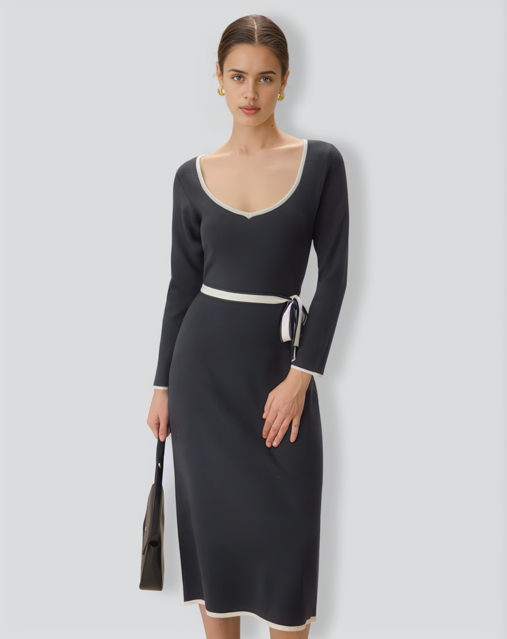 Grey Contrasting Tie Bodycon Sweater Dress