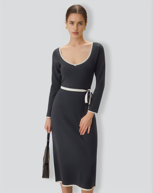 Grey Contrasting Tie Bodycon Sweater Dress