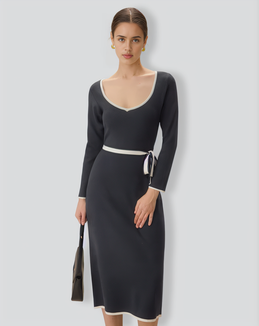 Grey Contrasting Tie Bodycon Sweater Dress