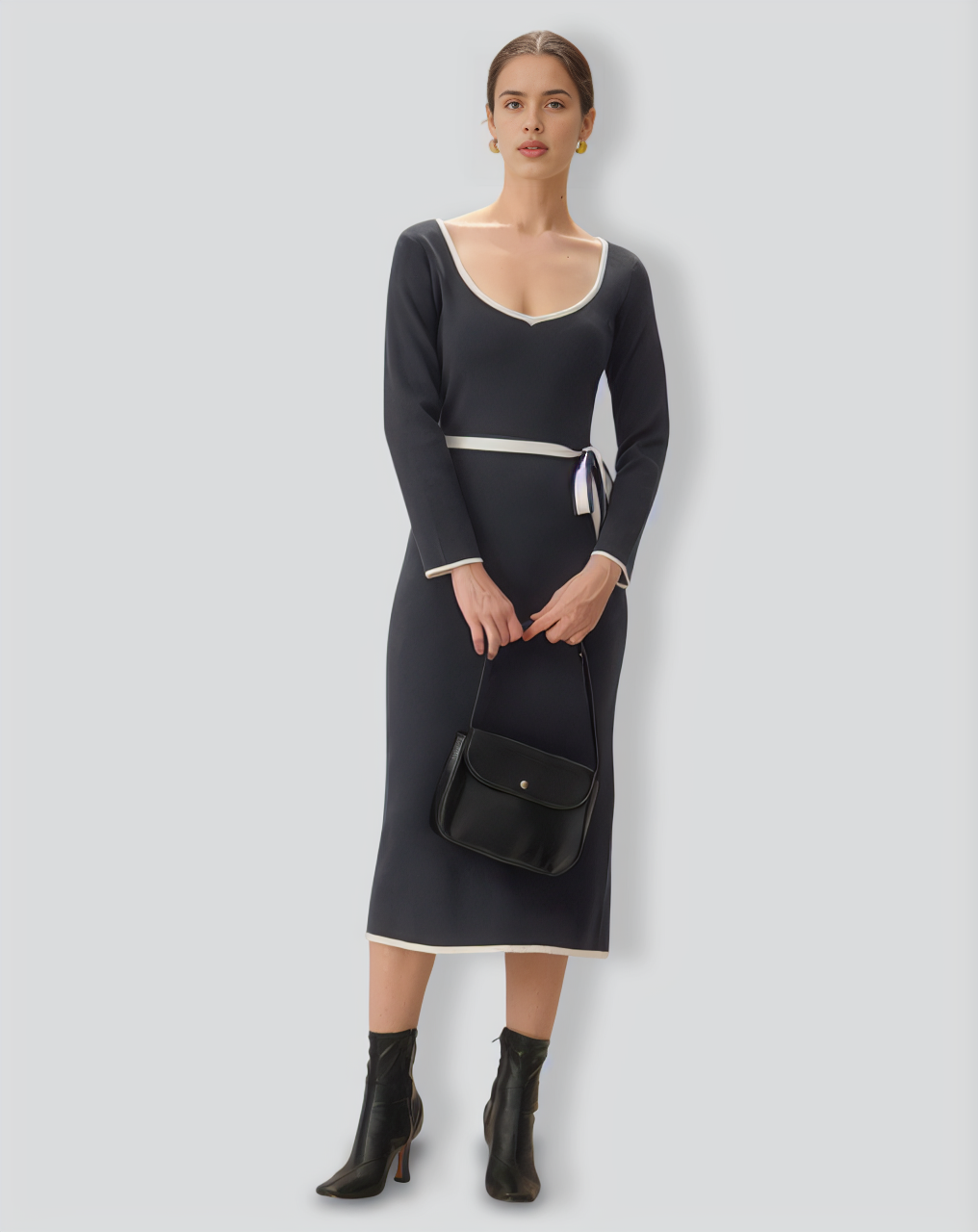 Grey Contrasting Tie Bodycon Sweater Dress