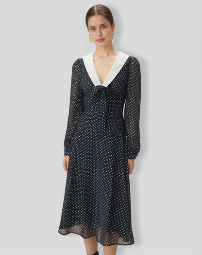 Navy Contrasting V Neck Chiffon Midi Dress