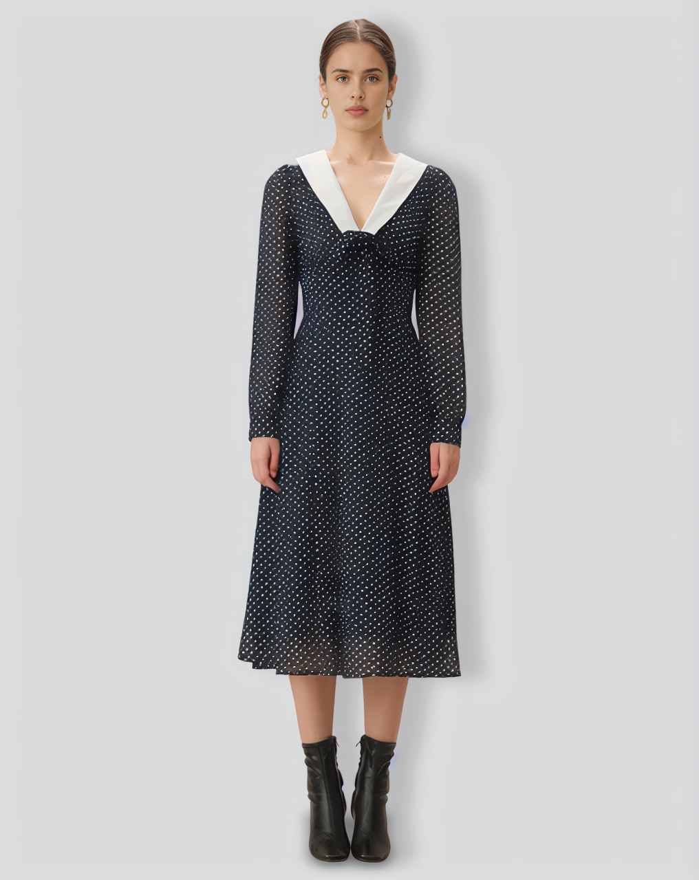 Navy Contrasting V Neck Chiffon Midi Dress