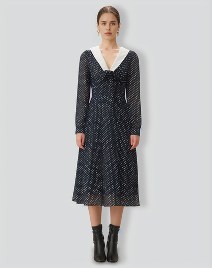 Navy Contrasting V Neck Chiffon Midi Dress