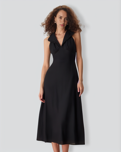 The Black Collared Frill Trim Linen Maxi Dress