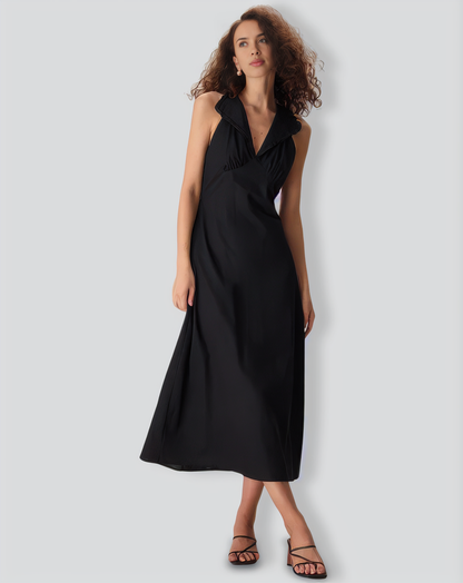 The Black Collared Frill Trim Linen Maxi Dress