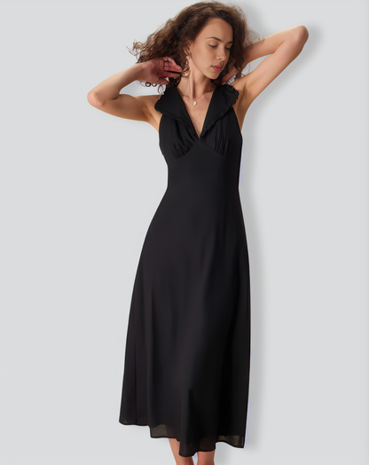 The Black Collared Frill Trim Linen Maxi Dress