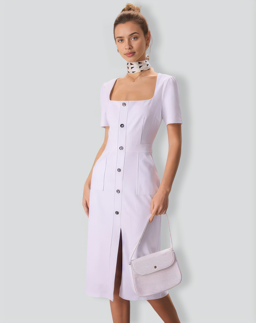 The White Square Neck Buttoned Midi Dress