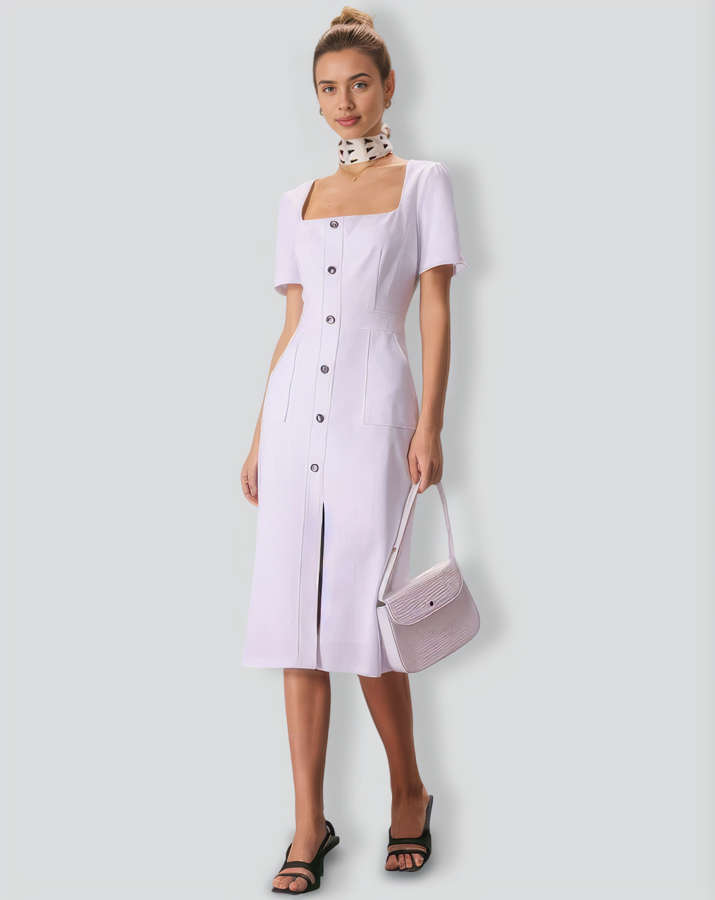 The White Square Neck Buttoned Midi Dress