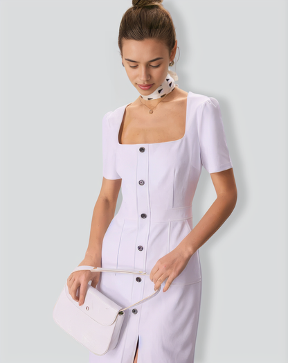 The White Square Neck Buttoned Midi Dress