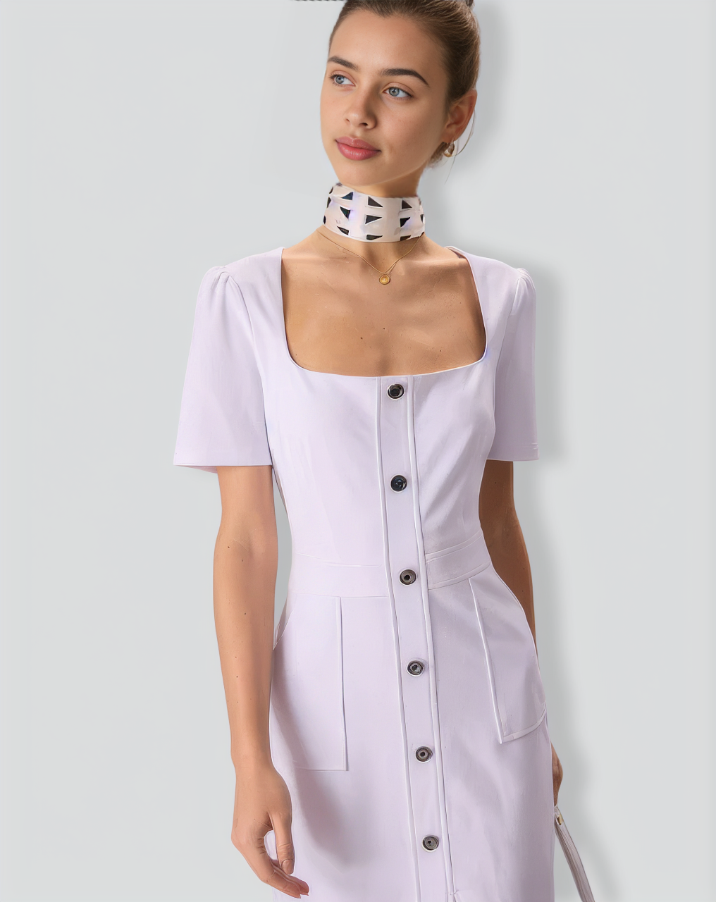 The White Square Neck Buttoned Midi Dress