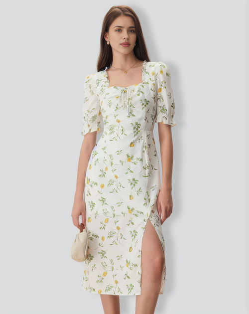 The White Square Neck Frill Trim Floral Midi Dress