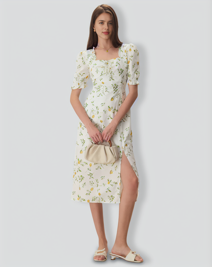 The White Square Neck Frill Trim Floral Midi Dress