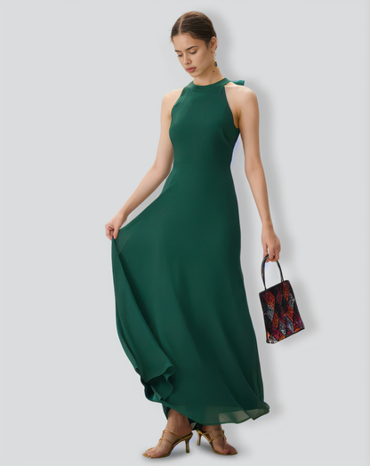 Green Halter Bowknot Back Maxi Dress
