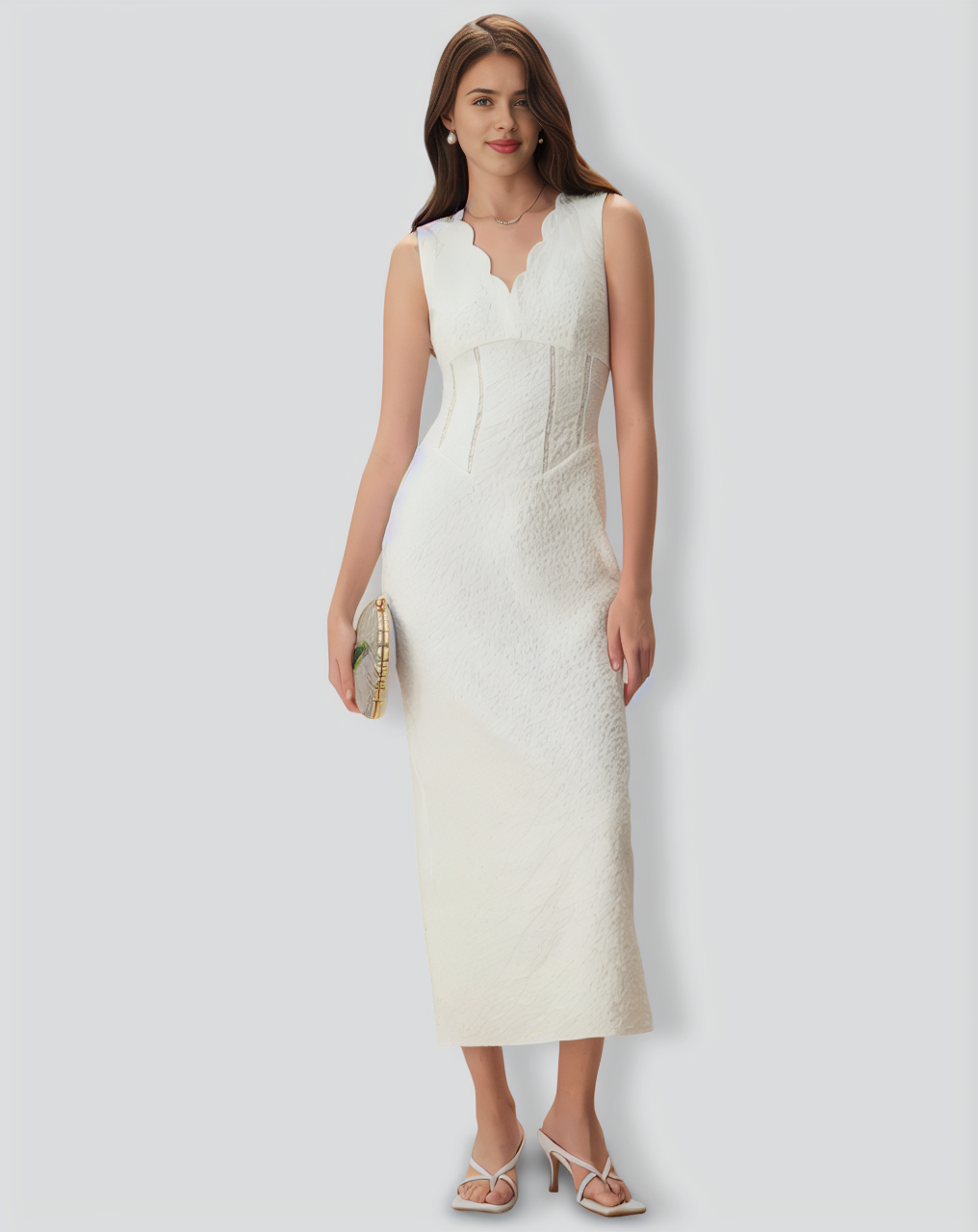 Women's White V-Neck Jacquard Maxi Dress