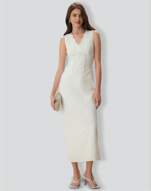 Women's White V-Neck Jacquard Maxi Dress