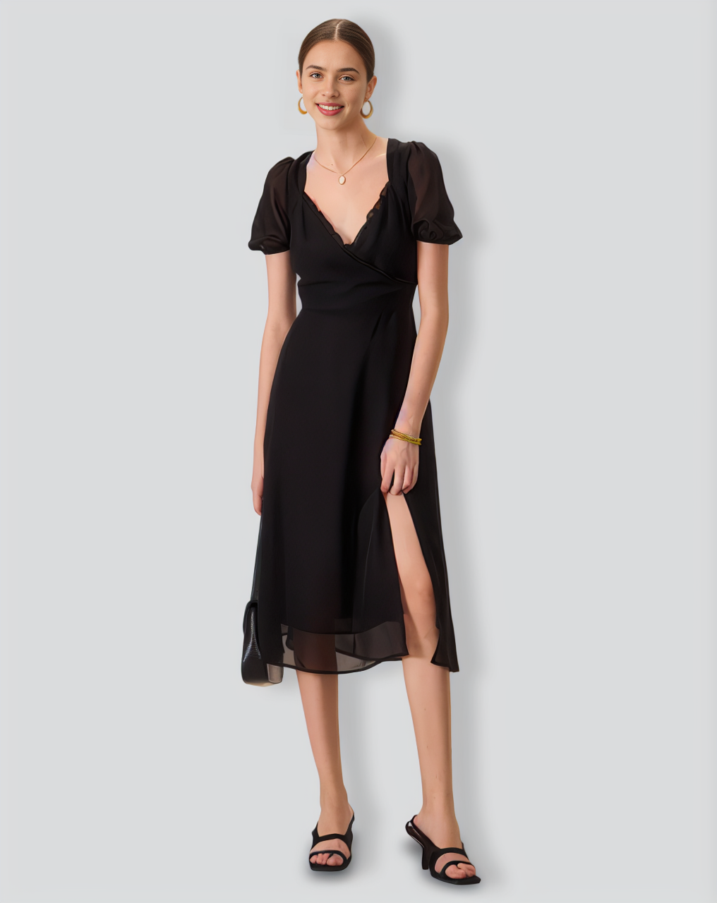 Women's Black Ruched See-Through Slit Midi Dress