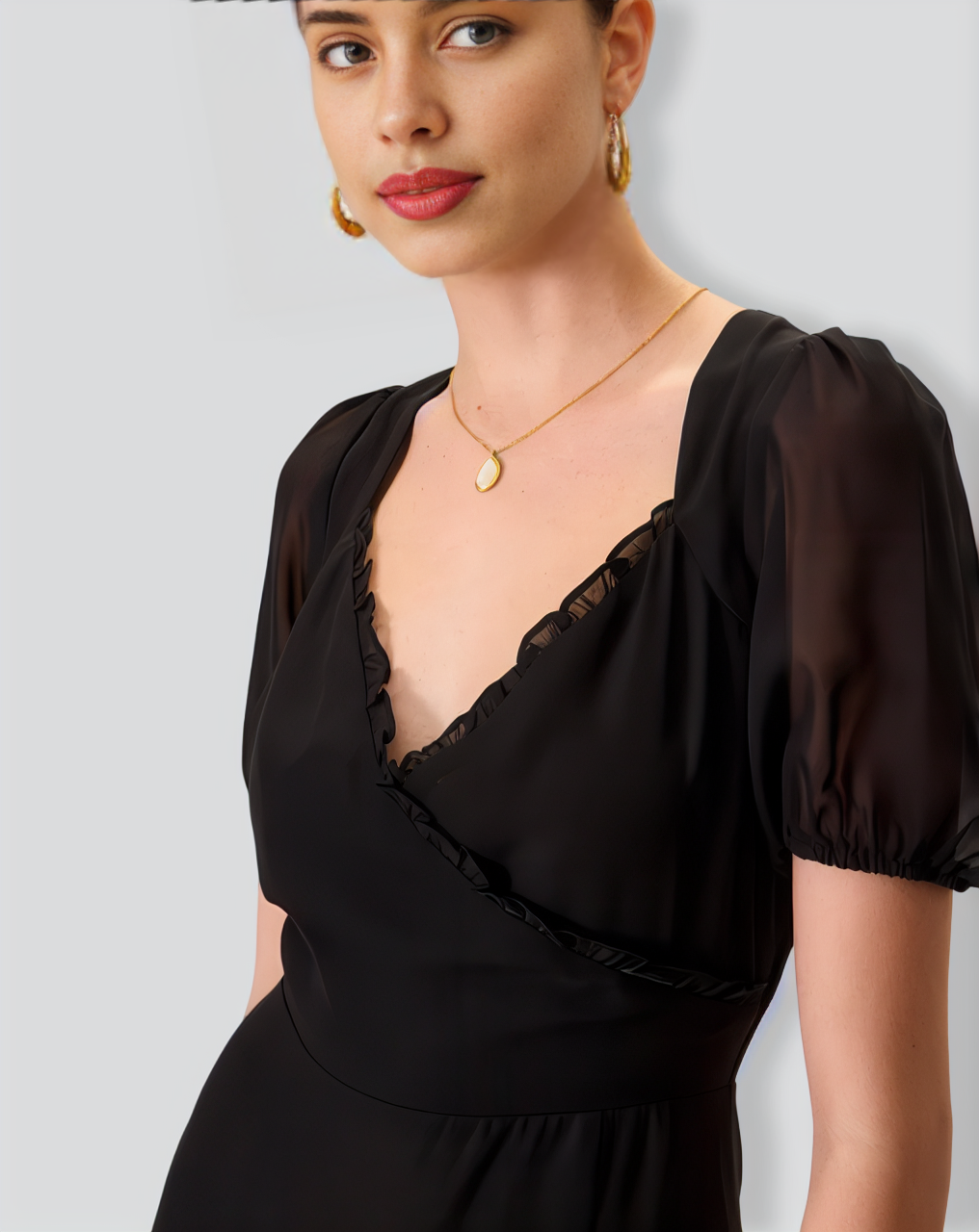 Women's Black Ruched See-Through Slit Midi Dress