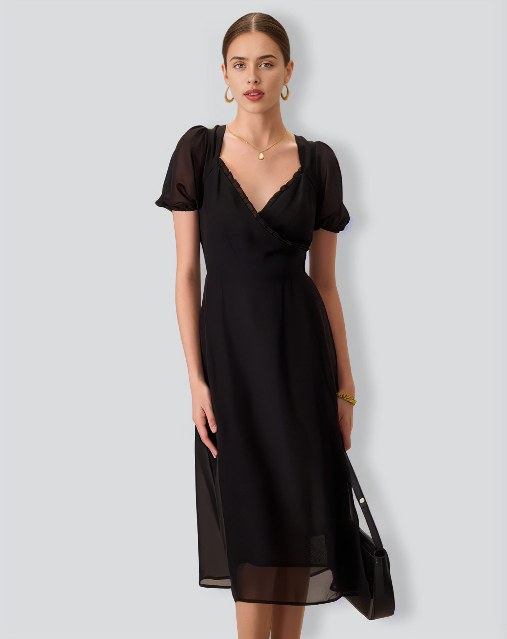 Women's Black Ruched See-Through Slit Midi Dress