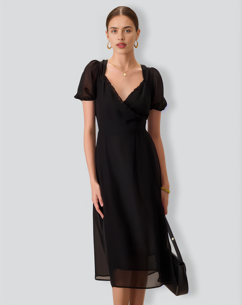 Women's Black Ruched See-Through Slit Midi Dress