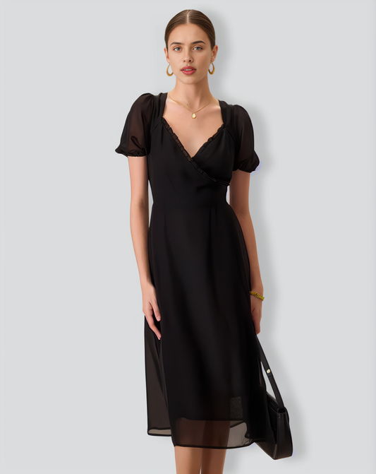 Women's Black Ruched See-Through Slit Midi Dress