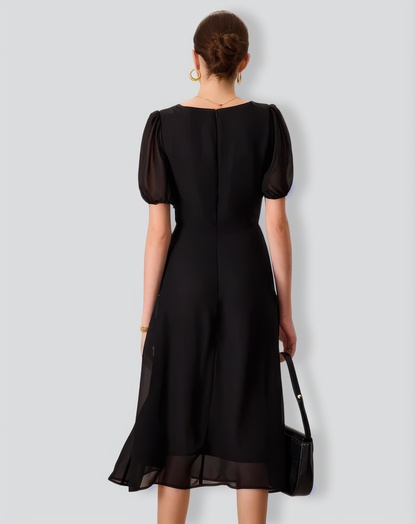 Women's Black Ruched See-Through Slit Midi Dress