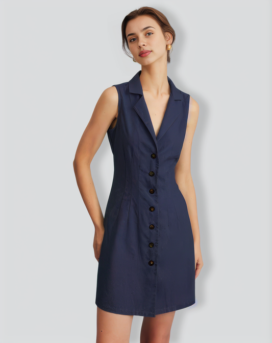 The Navy Lapel Button-up Sleeveless Mini Dress