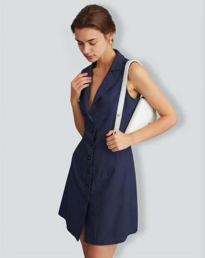 The Navy Lapel Button-up Sleeveless Mini Dress