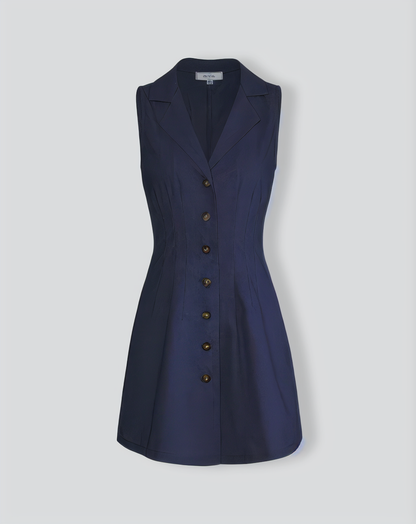 The Navy Lapel Button-up Sleeveless Mini Dress