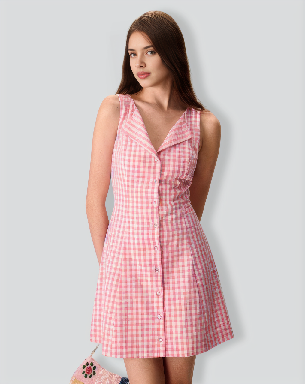 Women's Pink V-Neck Plaid Cotton Mini Dress