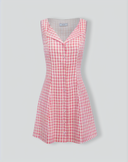 Women's Pink V-Neck Plaid Cotton Mini Dress