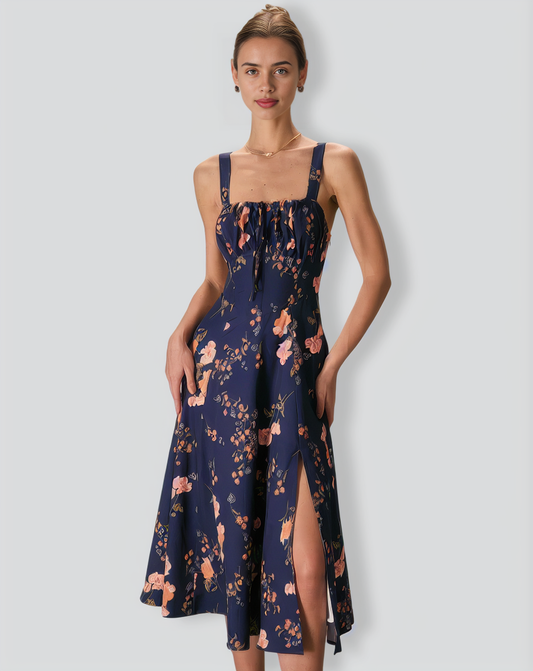 The Navy Lace Up Floral Ruched Midi Dress