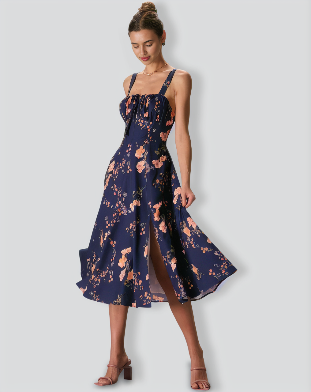 The Navy Lace Up Floral Ruched Midi Dress