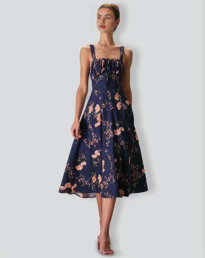 The Navy Lace Up Floral Ruched Midi Dress
