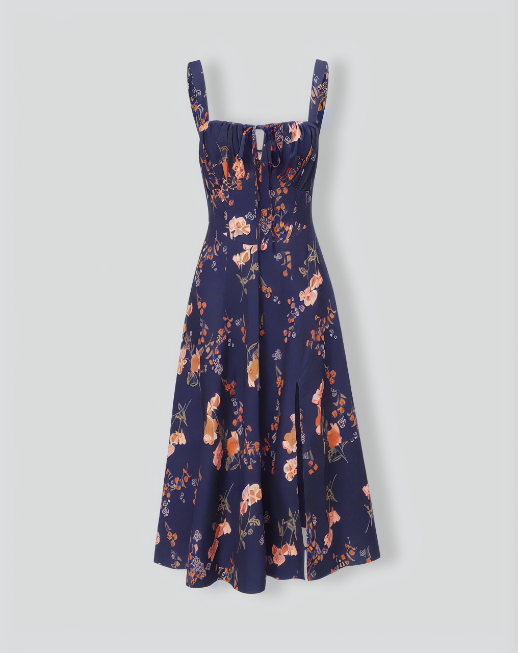 The Navy Lace Up Floral Ruched Midi Dress